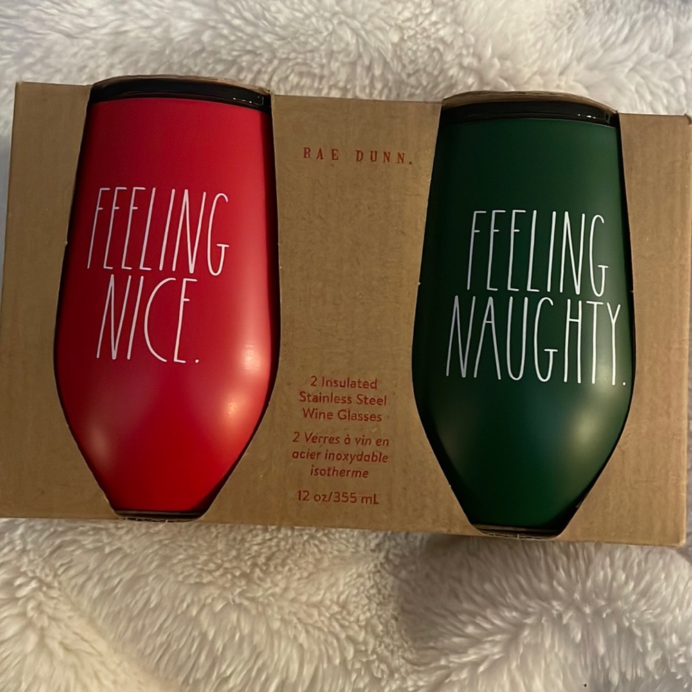 Rae Dunn “Feeling Naughty & Feeling Nice” insulated wine glasses.